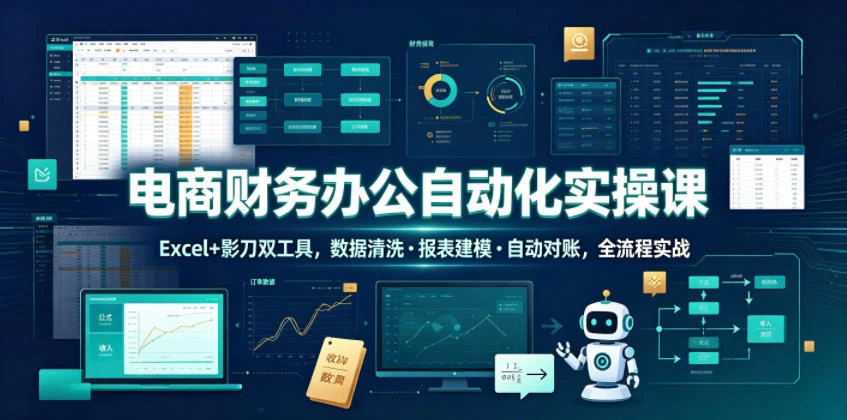 电商财务办公自动化实操课,Excel+影刀双工具,数据清洗・报表建模・自动对账,全流程实战 电商财务办公自动化实操课,Excel+影刀双工具,数据清洗・报表建模・自动对账,全流程实战