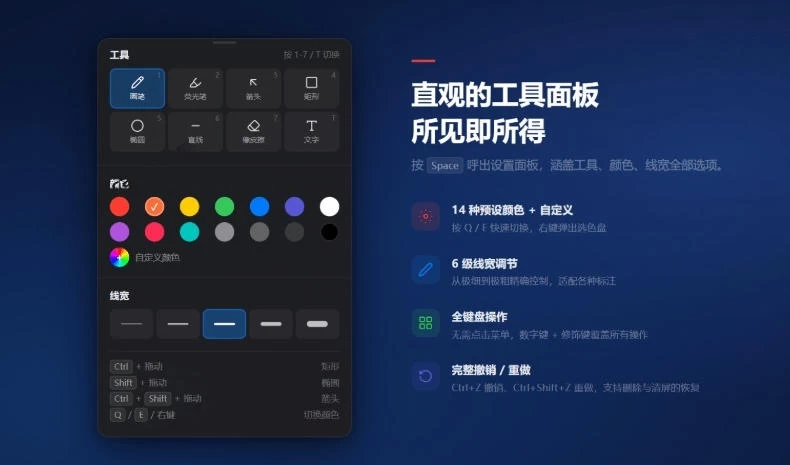 开源轻量级屏幕标注工具,1.4MB实现电脑全屏变自由画布!支持8种标注工具和全键盘操控MarkerOn 开源轻量级屏幕标注工具,1.4MB实现电脑全屏变自由画布!支持8种标注工具和全键盘操控MarkerOn