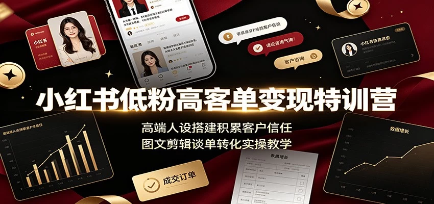 小红书低粉高客单变现特训营：高端人设搭建积累客户信任，图文剪辑谈单转化实操教学