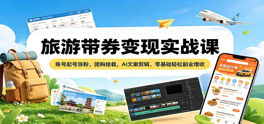 旅游带券变现实战课：账号起号涨粉，团购挂载，AI文案剪辑，零基础轻松副业增收