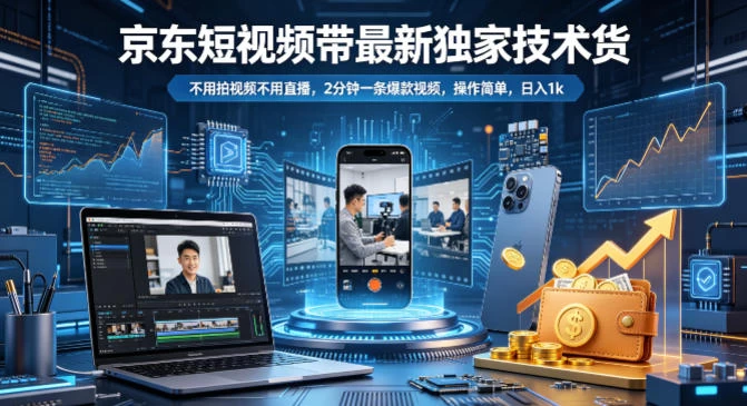 京东短视频带货最新独家技术，不用拍视频不用直播，2分钟一条爆款视频，操作简单，日入1k+【揭秘】