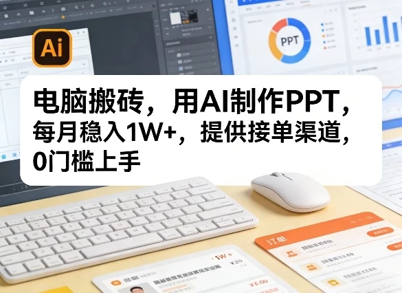 电脑搬砖，用AI制作PPT，每月稳入1W+，提供接单渠道，0门槛上手！