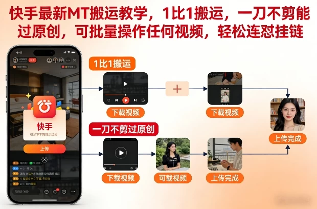 快手最新MT搬运教学，1比1搬运，一刀不剪能过原创，可批量操作任何视频，轻松连怼挂链