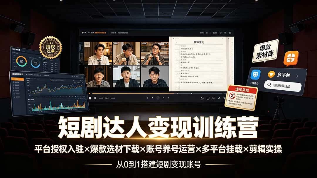 (19551期)短剧达人变现训练营:平台授权入驻×爆款选材下载×账号养号运营×多平台挂载×剪辑实操×违规处理全流程 (19551期)短剧达人变现训练营:平台授权入驻×爆款选材下载×账号养号运营×多平台挂载×剪辑实操×违规处理全流程