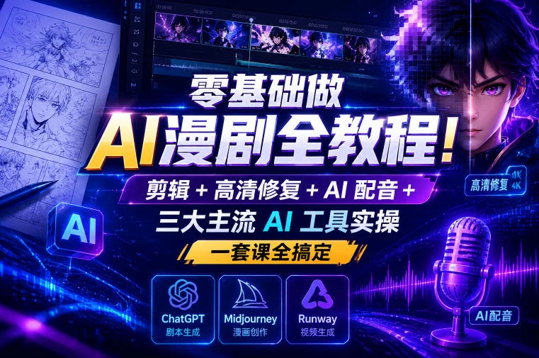 零基础做AI漫剧全教程！剪辑+高清修复+AI配音+三大主流AI工具实操，一套课全搞定
