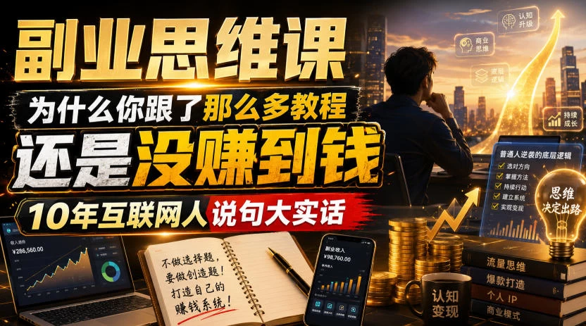 副业思维课，为什么你跟了那么多教程，还是没赚到钱，10年互联网人说句大实话【揭秘】