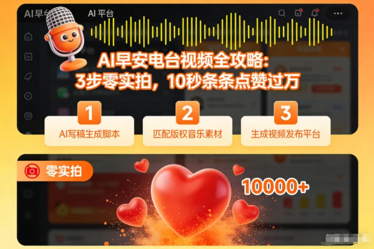 AI早安电台视频全攻略:3步零实拍,10秒条条点赞过万