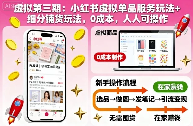 虚拟第三期:小红书虚拟单品服务玩法+细分铺货玩法,0成本,人人可操作(更新)