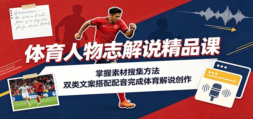 体育人物志解说精品课：掌握素材搜集方法，双类文案搭配配音完成体育解说创作