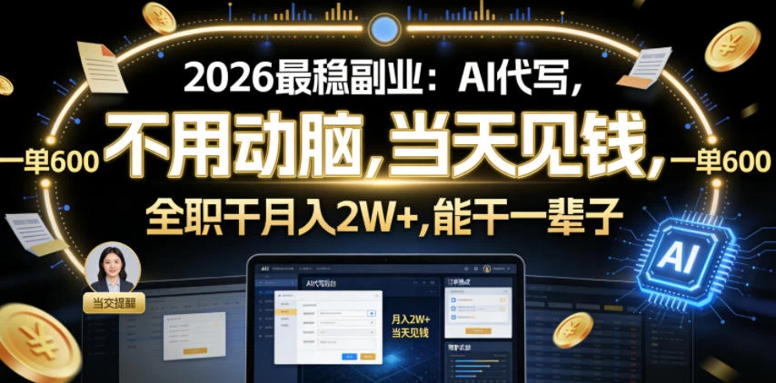 2026最稳副业:AI代写,不用动脑,当天见钱,一单600,全职干月入2W+,能干一辈子【揭秘】 2026最稳副业:AI代写,不用动脑,当天见钱,一单600,全职干月入2W+,能干一辈子【揭秘】