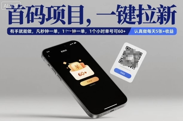 首码项目，一键拉新，有手就能做，几秒钟一单，1个小时单号可60+，认真做每天5张+收益【揭秘】