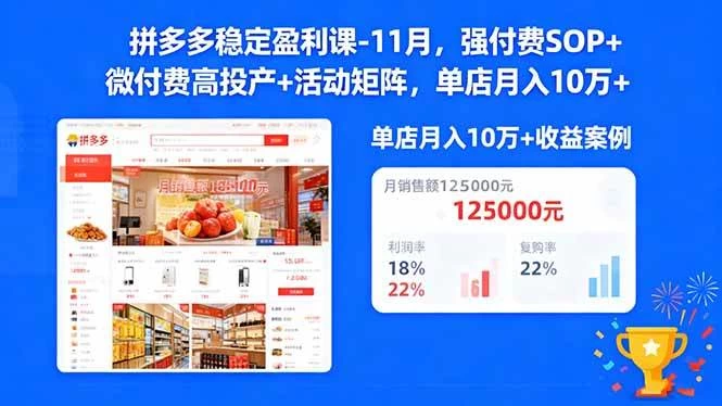 （16557期）拼多多稳定盈利课-11月，强付费SOP+微付费高投产+活动矩阵，单店月入10w+