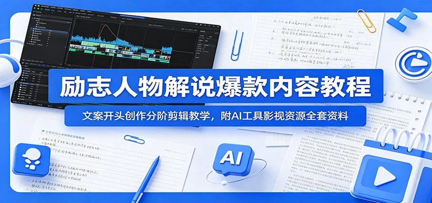 励志人物解说爆款内容教程：文案开头创作分阶剪辑教学，附AI 工具影视资源全套资料
