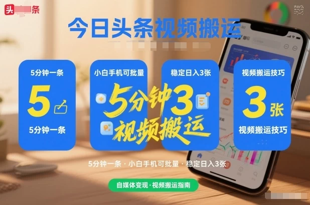 今日头条视频搬运，5分钟一条，小白手机可批量，稳定日入3张