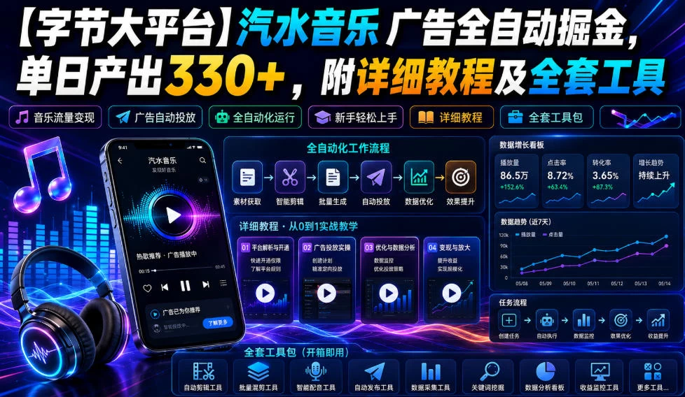 【字节大平台】汽水音乐广告全自动掘金,单日产出330+,附详细教程及全套工具【揭秘】 【字节大平台】汽水音乐广告全自动掘金,单日产出330+,附详细教程及全套工具【揭秘】