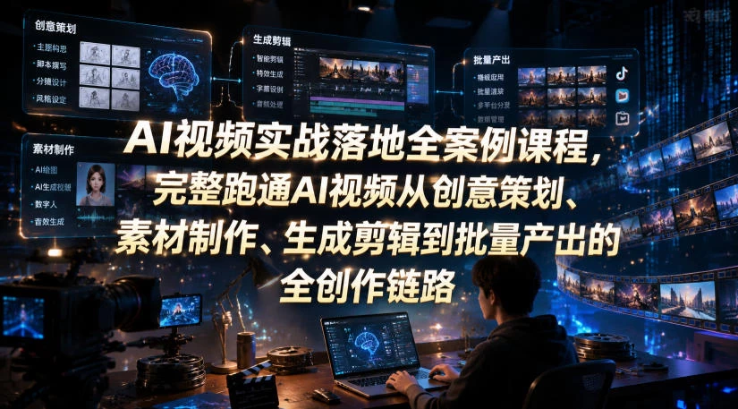 AI视频实战落地全案例课程，完整跑通AI视频从创意策划、素材制作、生成剪辑到批量产出的全创作链路