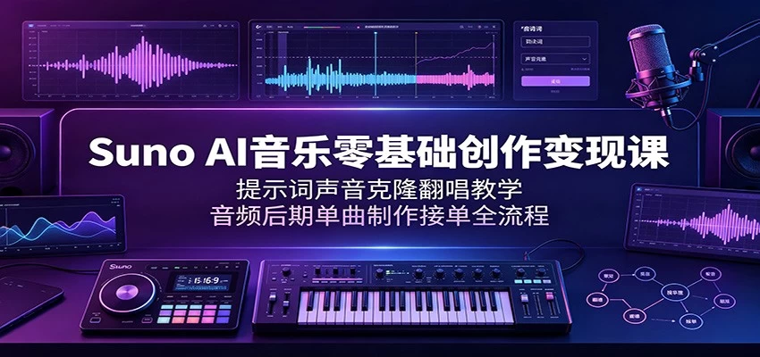 Suno AI音乐零基础创作变现课:提示词声音克隆翻唱教学,音频后期单曲制作接单全流程 Suno AI音乐零基础创作变现课:提示词声音克隆翻唱教学,音频后期单曲制作接单全流程