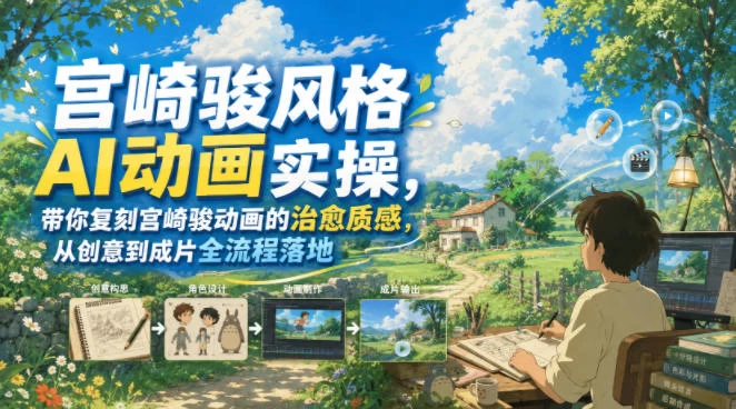 宫崎骏风格AI动画实操,带你复刻宫崎骏动画的治愈质感,从创意到成片全流程落地 宫崎骏风格AI动画实操,带你复刻宫崎骏动画的治愈质感,从创意到成片全流程落地