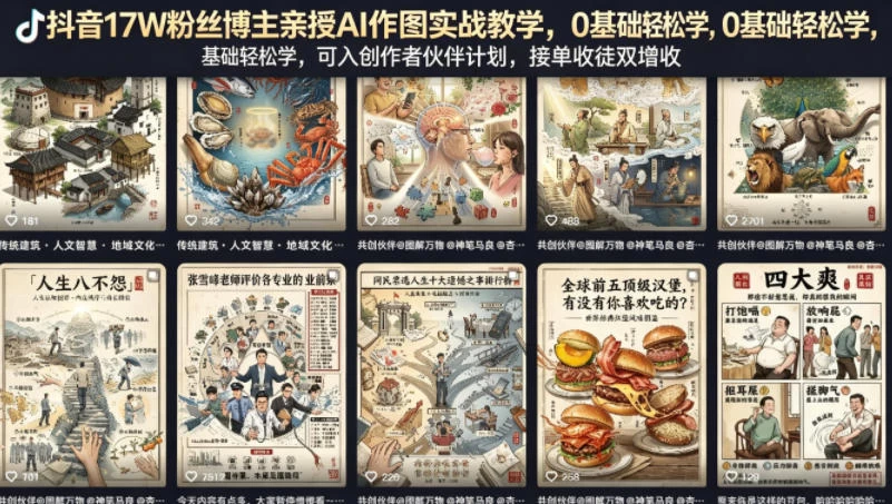 抖音17W粉丝博主亲授AI作图实战教学,0基础轻松学,可入创作者伙伴计划,接单收徒双增收