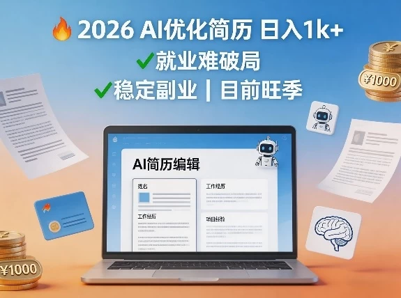2026用AI优化简历日入1k+就业难，目前旺季，稳定副业
