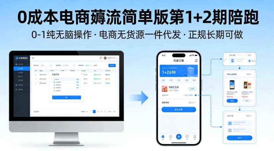 0成本电商薅流简单版第1+2期陪跑，0-1纯无脑操作，电商无货源一件代发，正规长期可做