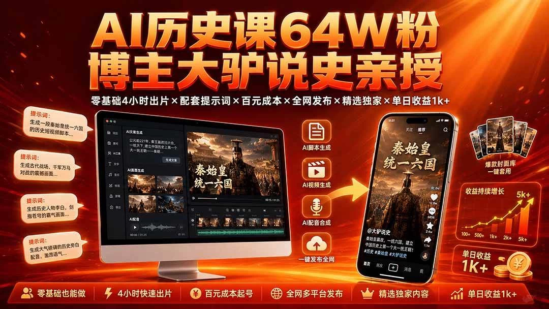 （19557期）AI历史课64W粉博主大驴说史亲授：零基础4小时出片×配套提示词×百元成本×全网发布×精选独家×单日收益1k+